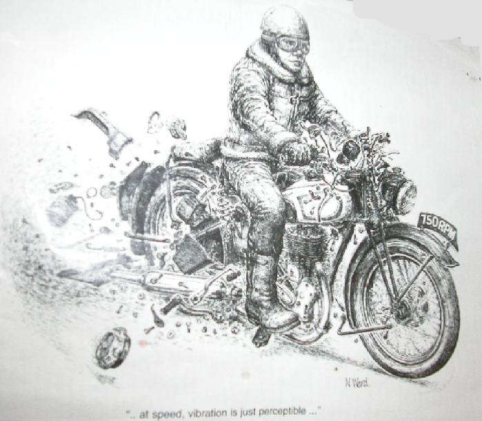 Humorous drawing of motorcyclist riding a vintage motocycle vibrating to pieces