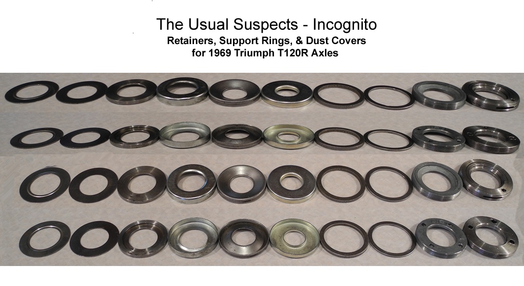 Photo: axles,dust covers,bearing support ring,grease retainer,axle parts of Triumph 650