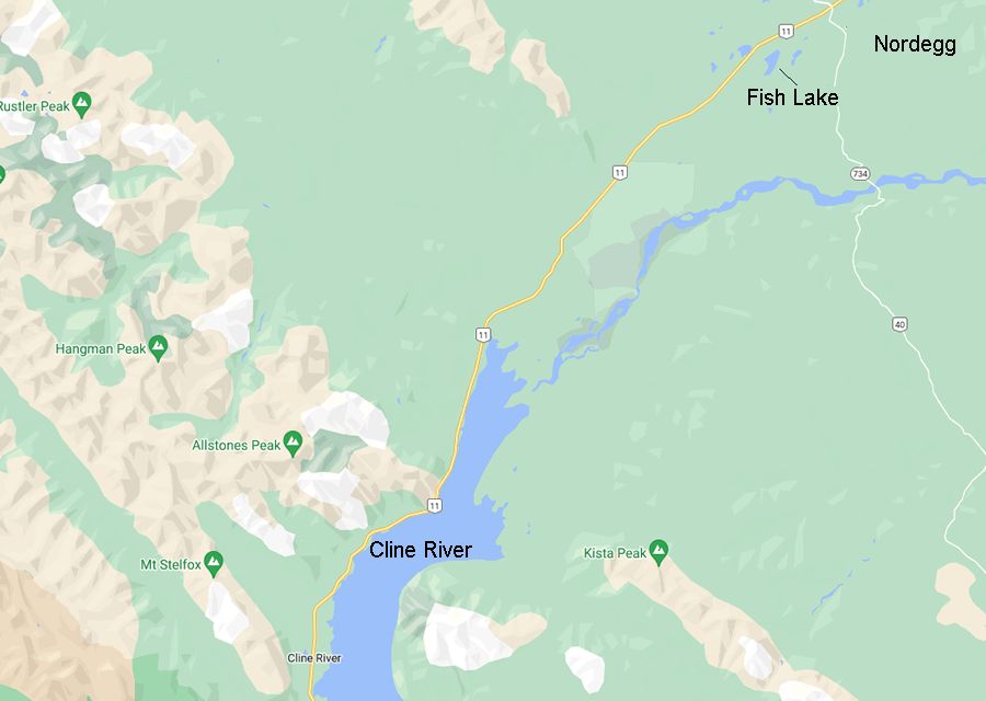 Map showing Nordegg, Shunda Lake, and the Cline River in Alberta, Canada