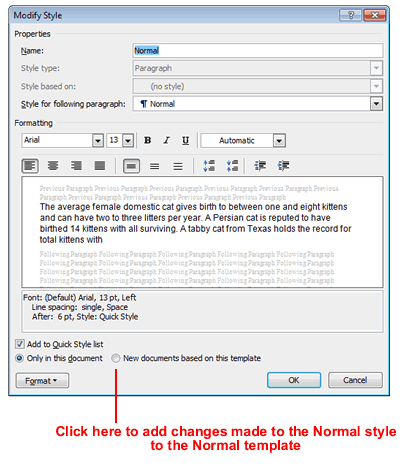 A screen-shot of the MS-Word Modify Style dialog box