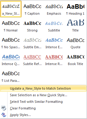 A screen-shot in MS-Word that shows the MS-Word Style Gallery with a newly created style