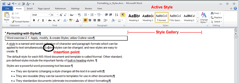 Screen-shot of the style gallery in MS-Word