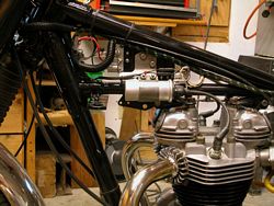Photo of the wiring of ignition coils on a 1969 650 Triumph Bonneville