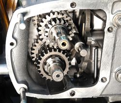 Photo of a partially-assembled gearbox of a 1969 650 Triumph Bonneville 